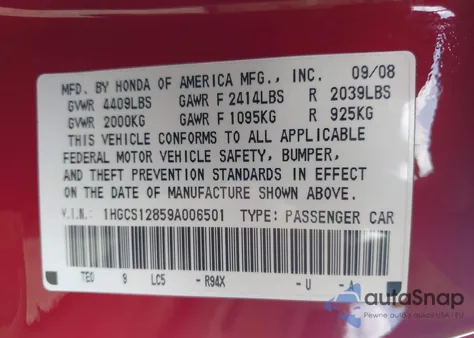2009 Honda Accord 2.4 Ex-L from USA, damaged, VIN 1HGCS12859A006501